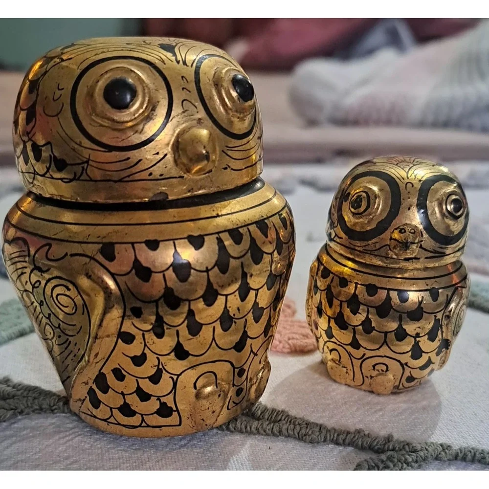 Vintage Burmese Owl Gold Gilt Lacquer Nesting Boxes Set Of 2